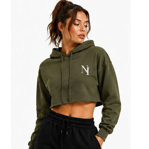 Sweat-shirt en molleton décontracté pour femme, coupe courte, vert olive, avec lettres brodées, manches longues, collection automne 2026, conception personnalisée OEM - Product Image 1