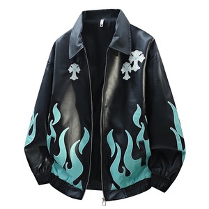 Chaqueta Bomber de Cuero para Hombre, Negra con Bordado de Llamas Rojas, Estilo Urbano, Corte Holgado, Cuello Alto, Cierre de Cremallera Frontal, Ropa de Invierno, Piel de Oveja - Product Image 5