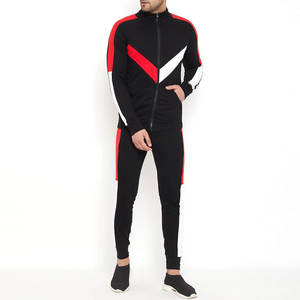Ensemble de survêtement pour homme noir, rouge et blanc, à blocs de couleur, manches longues, fermeture éclair sur le devant, coupe sportive avec poches latérales, idéal pour l'automne - Product Image 1