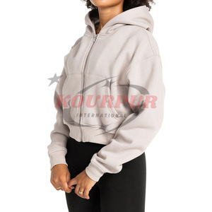Women Hoodie <b>Crop</b> Top Zipper <b>Up</b> Solid Color Hooded Sweatshirt Full Sleeve Knitted Cotton Autumn Wear Hoodie In Reasonable Price - Product Image 2