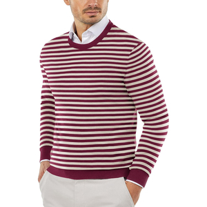 Pull à col rond pour homme, rayé blanc et bordeaux, manches longues, 100% coton, anti-boulochage, épaisseur standard pour l'automne - Product Image 1