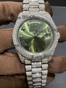 Montre unisexe en acier inoxydable entièrement sertie de diamants Moissanite, mouvement automatique mécanique, résistance à l'eau 3 ATM - Product Image 1