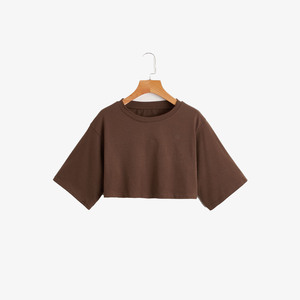 Wholesale Cotton Women Crop T Shirt Loose Fit Casual Brown Short Sleeve Basic Streetwear <b>Top</b> Supplier - Product Image 4