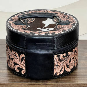 Premium <b>Black</b> Tooled Floral <b>Leather</b> Travel Organizer Case Stylish Vanity Box Makeup Necklace Rings Organizer Women Jewelry Case - Product Image 5