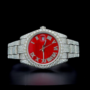Montre personnalisée pour homme avec cadran rouge serti de diamants VVS Moissanite, chiffres romains, montre en argent 925, montre de luxe Hip Hop - Product Image 1