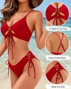 Ensemble bikini rouge pour femmes, haut à col licou avec découpes, bas à nouer sur les côtés, maillot de bain deux pièces pour la plage - Product Image 4