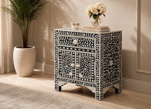 Modern Bone Inlay Nightstand Floral Pattern Storage <b>Table</b> for Living Room Bedroom Farmhouse Villa Entry - Product Image 2