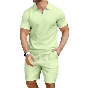 Men Solid Cotton Short Sleeve T-Shirt Bermuda Shorts Set Drawstring Casual Wear Breathable Knitted Mid Waist Front Logo Elastic - Product Image 5