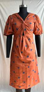 Hermoso y Elegante Vestido Midi de Fiesta para Mujer, con Cuello en V, Corte en A, Mangas Abullonadas, Transpirable, Mezcla de Viscosa y Lino, Estampado - Product Image 2