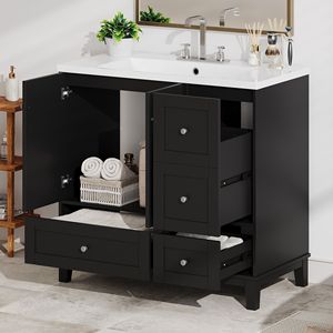 36-Inch Modern USB Charging Bathroom Vanity <b>Cabinet</b> Two-Doors Three-Drawers <b>Storage</b> <b>Small</b> Space Solution for Urban Bathrooms - Product Image 1