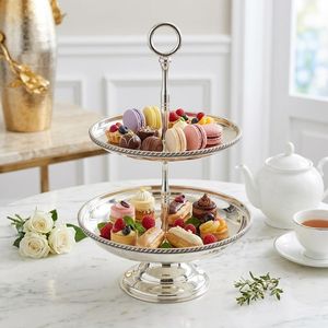 Elegante y Hermoso Soporte para Pastel de Dos Niveles Plateado, Bandeja Redonda de Acero Inoxidable para Postres, para Bodas y Decoración del Hogar - Product Image 1