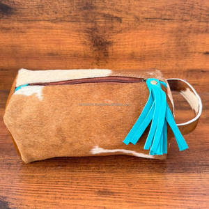 Nouveaux cheveux faits à la main sur la peau de vache Turquoise gland trousse de toilette pour femmes Western en cuir véritable sacs à cosmétiques pour le stockage de maquillage - Product Image 2