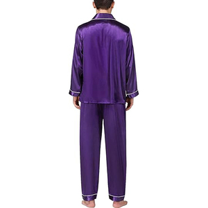 Pijamas de satén de seda para hombre, ropa de dormir clásica de manga larga, color morado liso, con bolsillos, ropa de otoño - Product Image 5