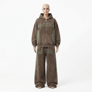 Conjunto Deportivo con Capucha para Hombre, Color Marrón y Verde, Estampado de Letras, Cierre Completo, Corte Holgado, Estilo Casual Otoñal, 100% Algodón Transpirable, Sudadera y Pantalones - Product Image 3