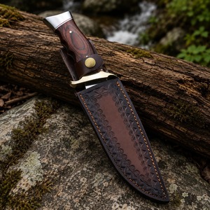 Couteau de chasse artisanal en acier inoxydable D2 à pointe tombante |   Couteau de survie à lame fixe, manche en bois, cuir véritable, DIY - Product Image 3