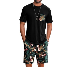 Men's Black Floral Print T-Shirt <b>Set</b> With Pocket Casual Summer Shorts Crew Neck <b>Knitted</b> Breathable Outfit - Product Image 3