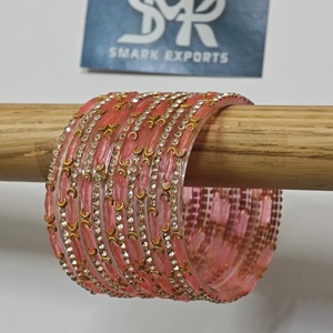 Luxury Peach Pink Stone Studded <b>Glass</b> <b>Bangles</b> Set Handmade Traditional Indian Bridal Wedding Jewelry for Women - Product Image 5