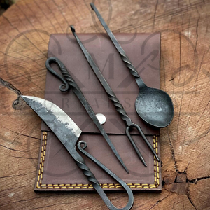 4PCS Hand Forged Iron Steel Medieval <b>Dining</b> <b>Set</b> Rustic Camping Utensils with Leather Roll Pouch Viking Style <b>Outdoor</b> Gift - Product Image 3
