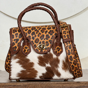 Nouveau design : Sac à main en cuir de vachette et imprimé léopard pour femme, sac fourre-tout de luxe à bandoulière avec poignée tressée - Product Image 3