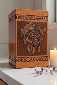 Engraved American Style Dreamcatcher Sunflower Butterfly <b>Memorial</b> Cremation Urn <b>Box</b> Eco-Friendly Durable Wooden Keepsake - Product Image 1