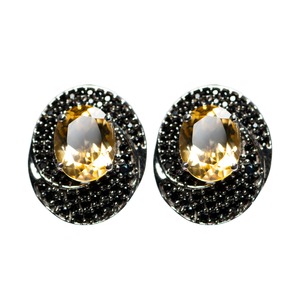 Pendientes de Plata de Ley 925 de Lujo, Chapados en Rodio, con Gema Ovalada Amarilla Dorada y Halo de Circonita Negra, Certificados, para Mujer - Product Image 1