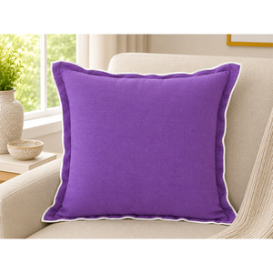 Housse de coussin en lin de qualité supérieure avec bord festonné ondulé et passepoil contrastant, coussin carré décoratif violet pour canapé et décoration intérieure - Product Image 1
