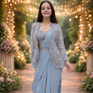 ชุดส่าหรีผ้าไหมสำเร็จรูปสำหรับฤดูหนาวปี 2026 พร้อมแจ็คเก็ตปักลายหนัก ดีไซน์อินโดเวสเทิร์น ชุดสำหรับผู้หญิง คอลเลคชั่นชุดออกงานทันสมัย - Product Image 1