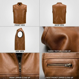 Gilet de motard en cuir véritable noir de qualité supérieure pour homme – Gilet de moto sans manches avec poches zippées et col montant - Product Image 6