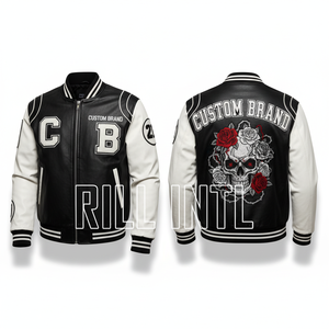Chaqueta Varsity de PU para Hombre, Marca Personalizada, Manga Negra, Logotipo Bordado con Letras, Cuello Camisero, Estilo Casual de Otoño - Product Image 6