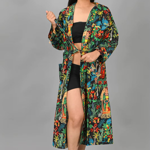 Peignoir long confortable en coton indien pour femme, imprimé à motifs floraux <span class=keywords><strong>anciens</strong></span>, multicolore, idéal pour la maison et la plage - Product Image 4