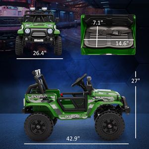 Auto e Camion Elettrici 12V Verdi per Bambini, 4 Ruote con Sospensione, Velocità Massima 3 MPH, Musica, Clacson, Luci e Telecomando - Product Image 3