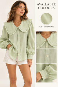 Chemise en lin pour femme de style vintage, couleur vert sauge, tissée unie, avec col Peter Pan, manches bouffantes et fermeture boutonnée - Product Image 4