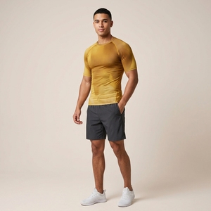 Men's Gradient Yellow Short Sleeve Compression T-Shirt Slim Fit Quick Dry Sporty Athletic Wear O-Neck Knitted Polyester - Product Image 1