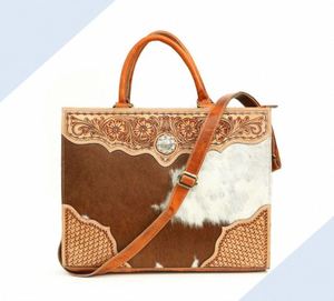 Hand Tooled Hair-On Genuine Leather Tote Bag | Western Floral Cowhide <b>Briefcase</b> with Strap | Stylish Designer Laptop Office Bag - Product Image 1