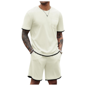 Conjunto de Camiseta y Pantalones Cortos de Punto Waffle de Color Sólido para Hombre, Cuello Redondo, Ropa Casual de Verano, Algodón Transpirable 2026 - Product Image 2