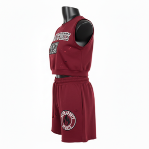 Women Premium Crop <b>Top</b> Short Set GSM Cotton Blend Fleece <b>Maroon</b> Heat Transfer Logo Custom 100% Cotton Crop <b>Top</b> & Shorts Set - Product Image 3