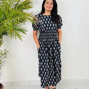 Vestido Largo Informal de Verano, Mangas Cortas, Estampado Floral, Túnica de Algodón Indio, Vestido Largo con Bordado Floral - Product Image 1