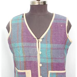 Elegant Handmade Eco-Friendly Breathable Cotton <b>Kantha</b> V-Neck Women's Waistcoat Winter Short <b>Jacket</b> Vest Button Closure - Product Image 2