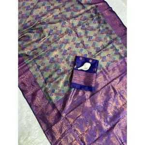 DISEÑADOR KANJIVARAM SEDA COBRE Y ORO ZARI TEJIDO TRABAJO SAREE CON PISTA DESCOSTADA - Product Image 1