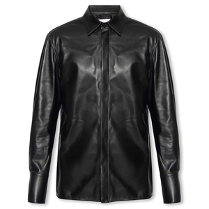 Men's PU <b>Leather</b> Shirt Turn-down Collar <b>Long</b> Sleeve Button Front Knitted <b>Jacket</b> Winter Casual Streetwear Solid Pattern Custom - Product Image 1