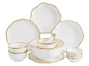 Juego de vajilla de 2/4/6/8 personas, estilo ligero y lujoso con borde dorado, elegantes bordes ondulados, libre de BPA, resistente a la decoloración, ideal para regalar en el hogar. - Product Image 4