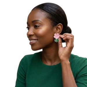 Pendientes de Oro de 14K con Doble Flor Rosa y Verde, Joyería de Moda para Mujer, Elegantes Pendientes Florales, Accesorio de Regalo para Fiestas - Product Image 6