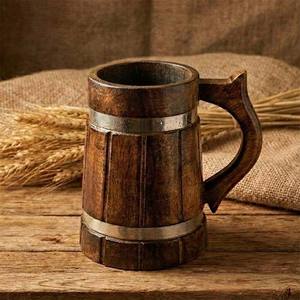 Chope à bière en bois massif faite à la main, poignée robuste, finition naturelle, réutilisable, écologique, style rétro, capacité 500-1000 ml, légère - Product Image 3