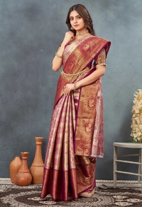 Sari de Seda Jacquard Dharmavaram Tejido Tradicional KV - Reversible, Sin Arrugas, para Fiestas - Product Image 4