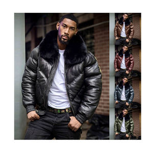 <b>Men's</b> Black PU Puffer <b>Jacket</b> With Fur Collar Zipper Closure Winter Thick Windproof Moto Style <b>Short</b> Length - Product Image 5