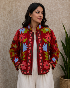 Veste Bohème Multicolore Écologique avec Broderie Florale Botanique, Col Mandarin, Faite à la Main à Jaipur, Vente en Gros, Exportation - Product Image 1