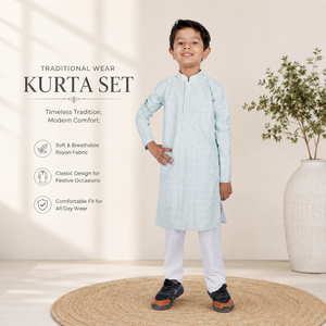 Light Blue Rayon Boys Kurta <b>Pajama</b> <b>Set</b> | Full Sleeve Regular Fit Ethnic Wear Traditional Pakistani Style Festive Wedding Outfit - Product Image 3