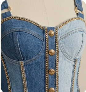 Denim <b>Patchwork</b> Corset <b>Top</b> Spaghetti Strap Button Front Fitted Bodycon Casual Wear All Seasons - Product Image 5