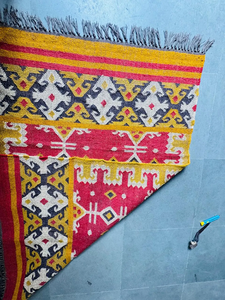 Tapis d'intérieur en laine et jute tissé à la main, coloré, style bohème, géométrique, kilim, rouge, jaune, tribal, moderne, pour salon, avec franges - Product Image 5