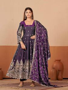 Conjunto de Vestido de Seda con Brillo Intenso y Bordado, con Lentejuelas y Cordones, Dupatta y Pantalón, Estilo Tradicional, Protección Solar, Secado Rápido - Product Image 5